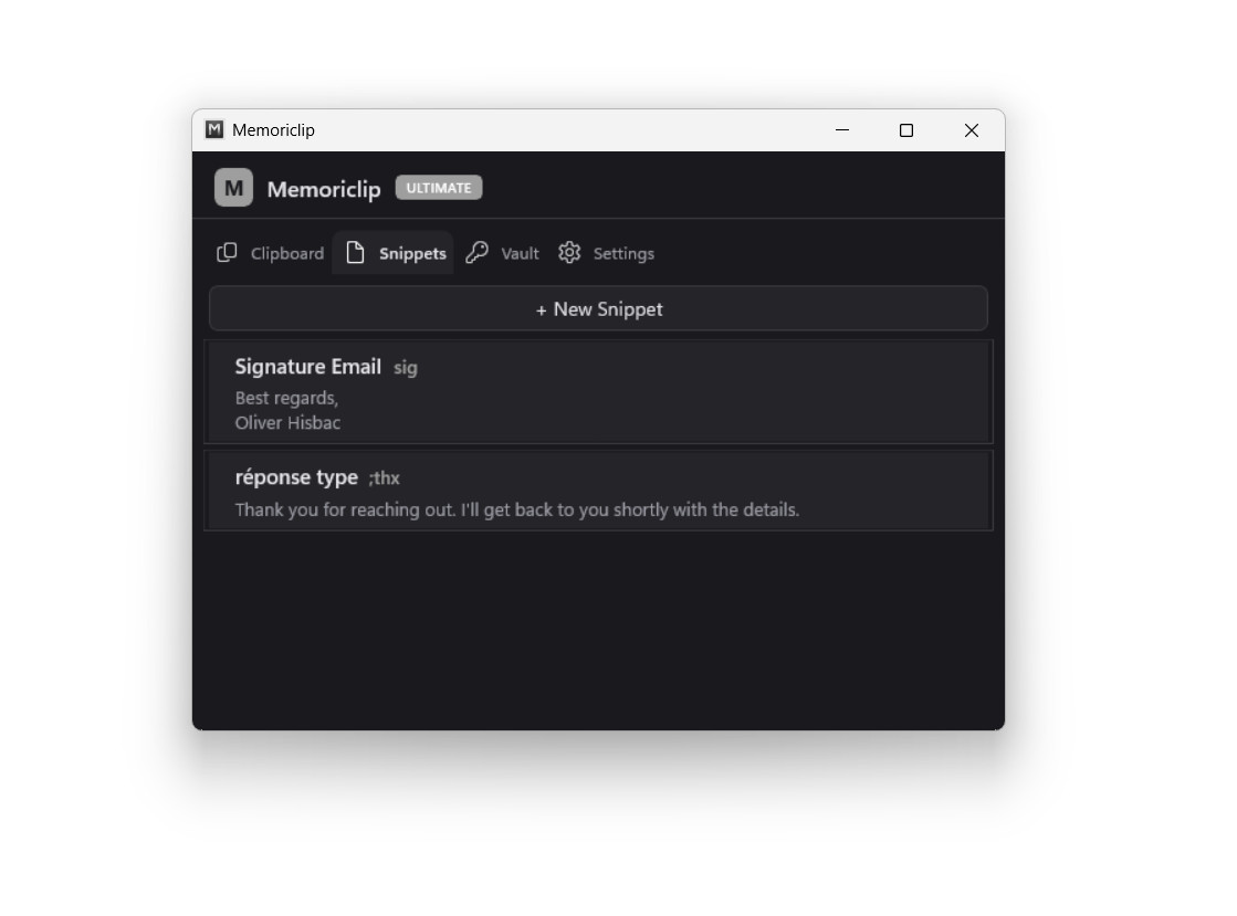 Memoriclip — Snippets tab: reusable text templates with keyboard shortcuts (demo data)