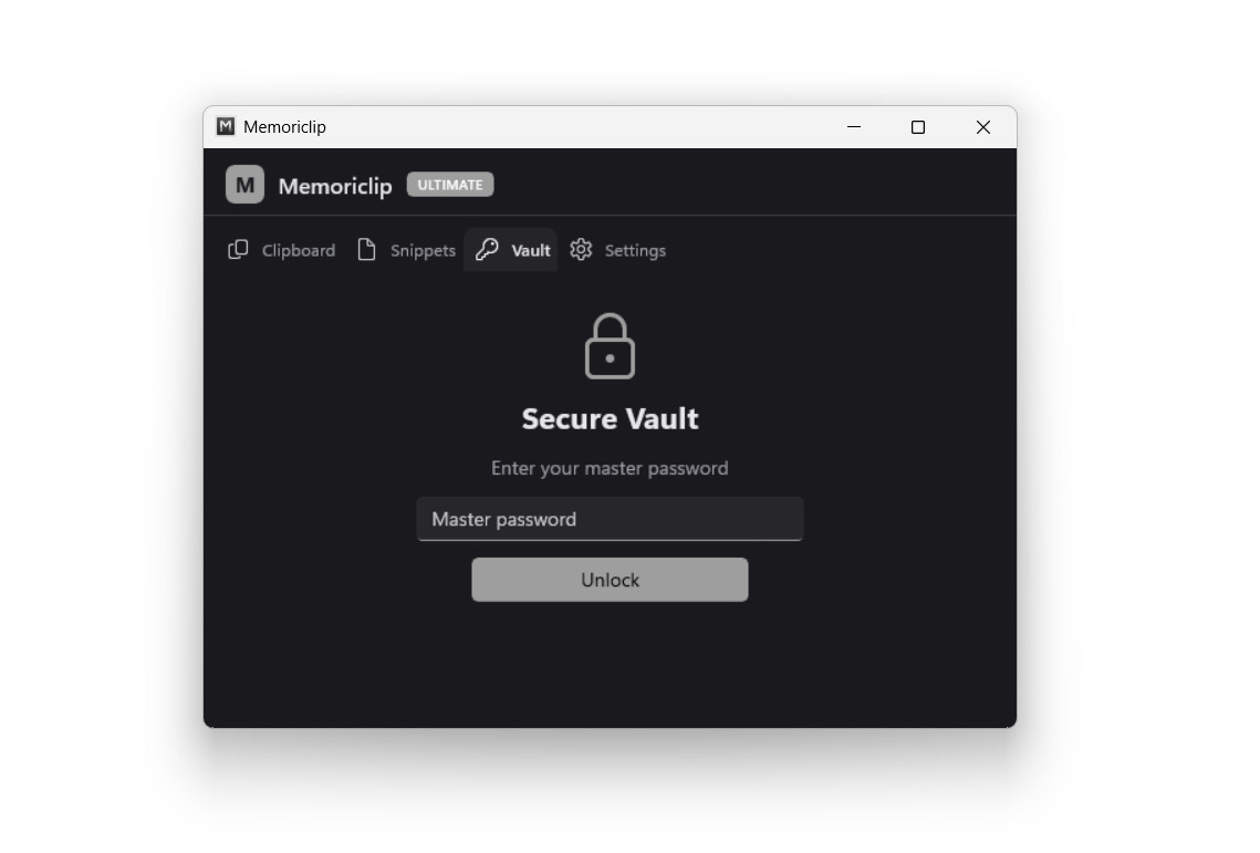 Memoriclip — Vault tab: encrypted sensitive data (demo data)