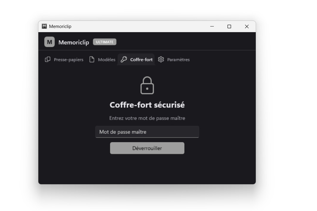 Memoriclip — onglet Coffre-fort : données sensibles chiffrées (données de démo)