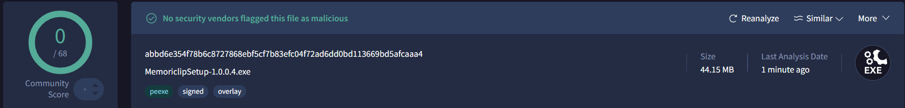 VirusTotal report for the Memoriclip installer, no antivirus flags the file